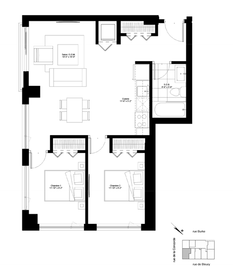 Floor plan for 2 beds, 1 bath, 809 sqft